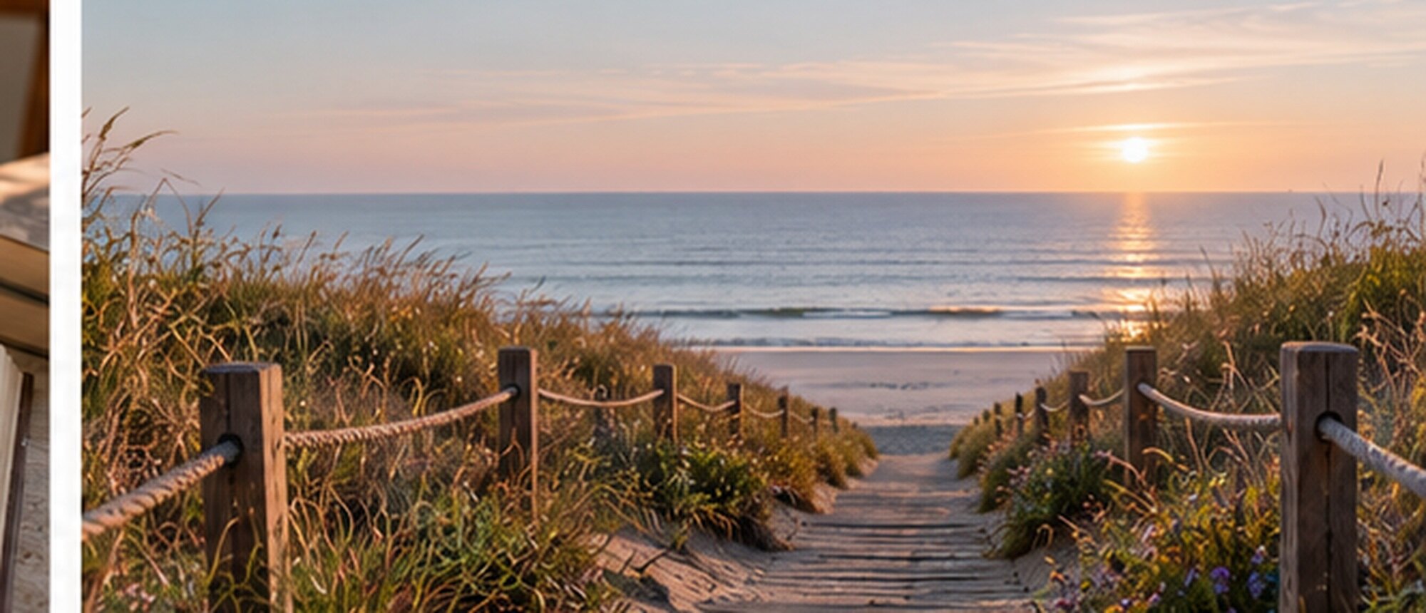 A sand path through dune grass opens onto a beach at sunset, with a quiet sea beyond.