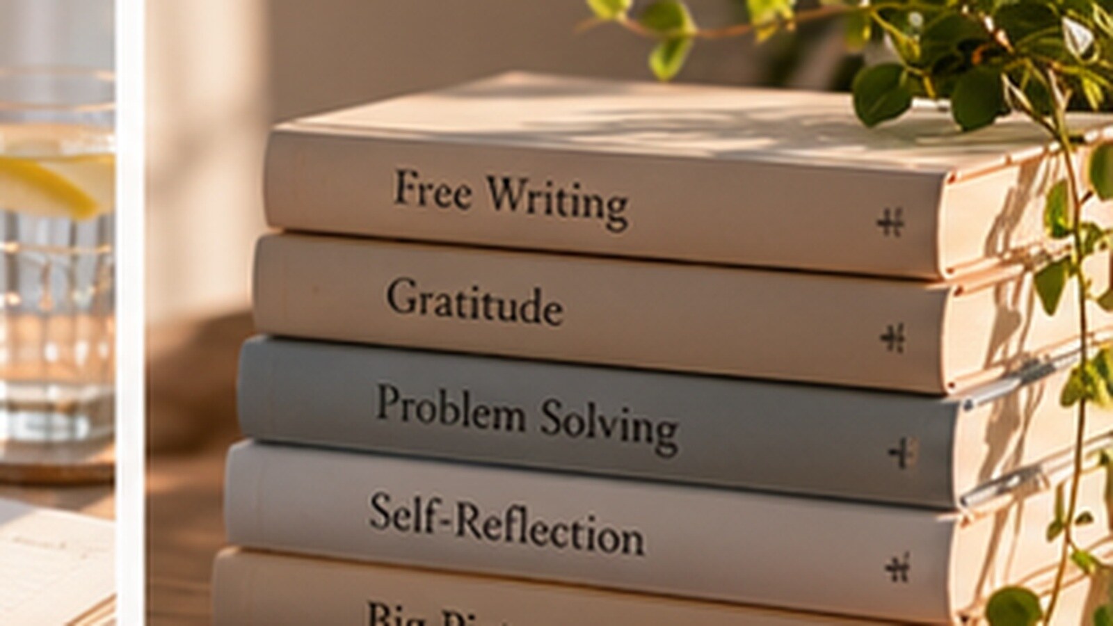 A stack of journals labelled Free Writing, Gratitude, Problem Solving, Self-Reflection, and Big Picture, sitting on a sunlit table.