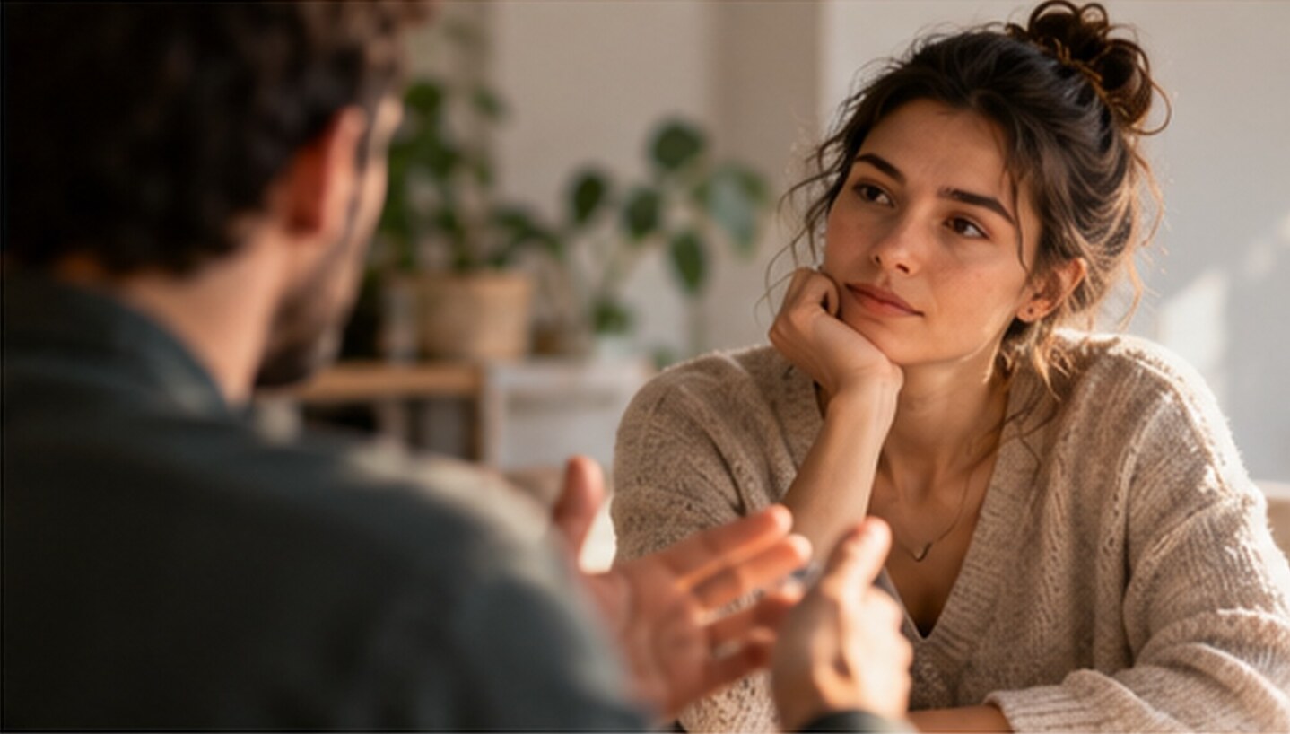Two people in a thoughtful conversation in a quiet room.