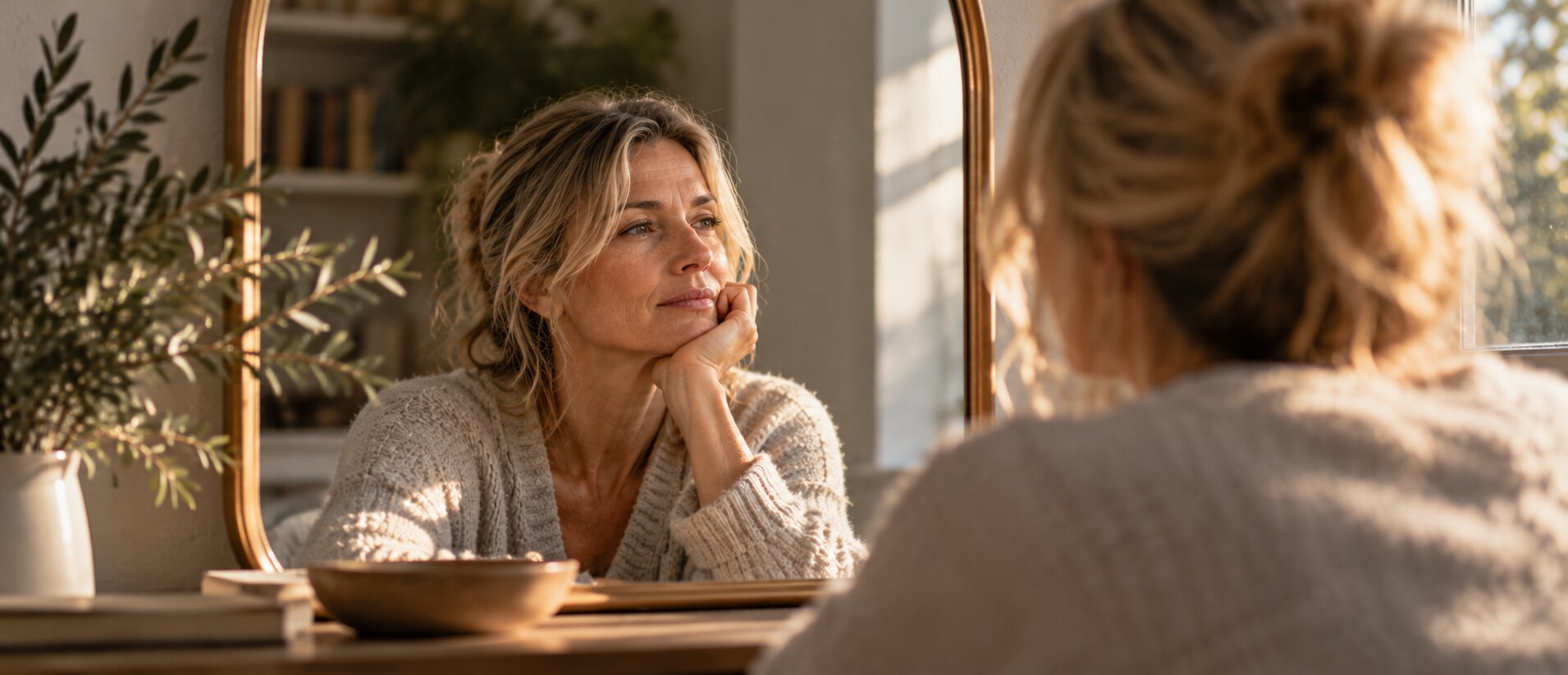 A woman studies her own reflection in a mirror in warm morning light.