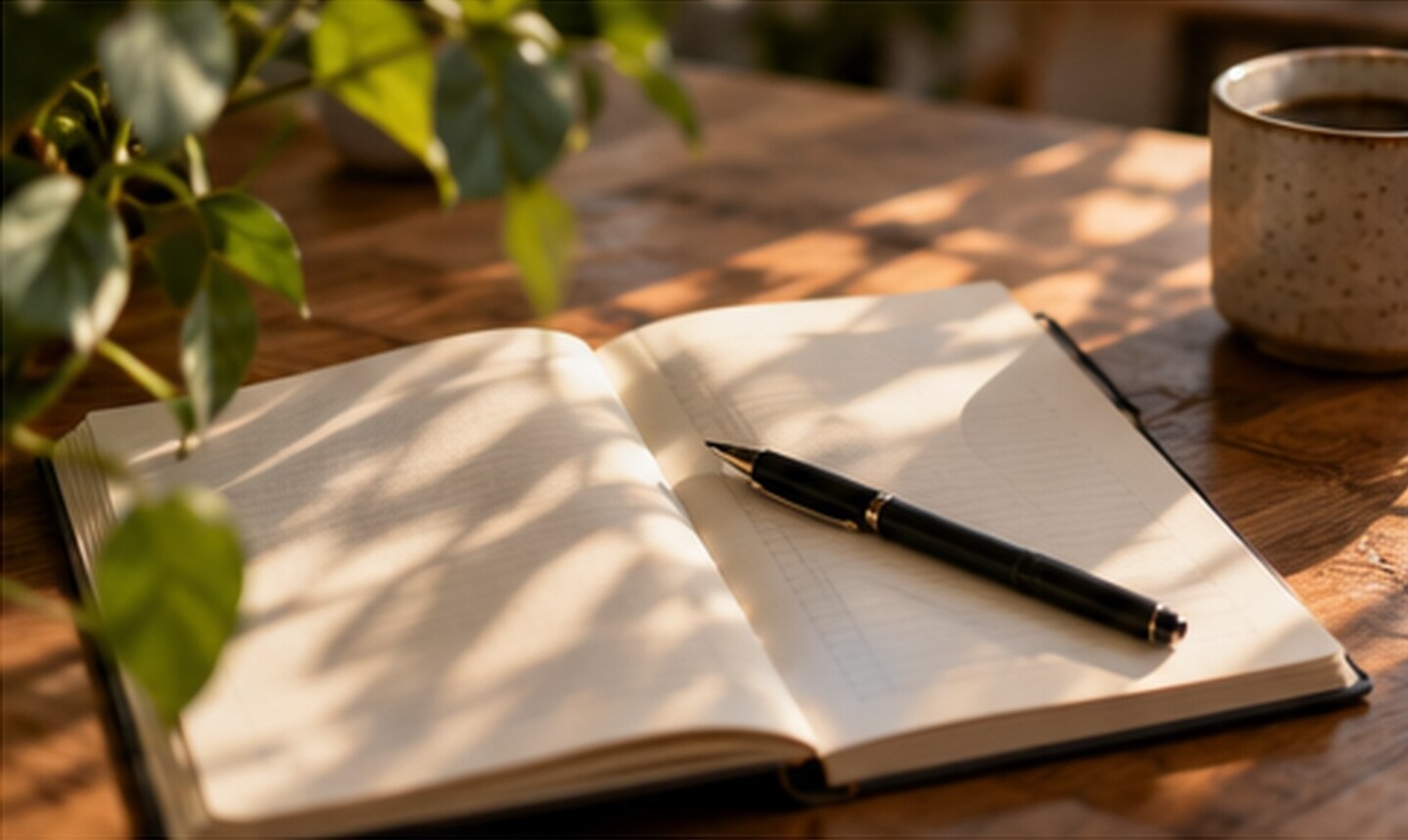 An open notebook and pen on a sunlit desk.