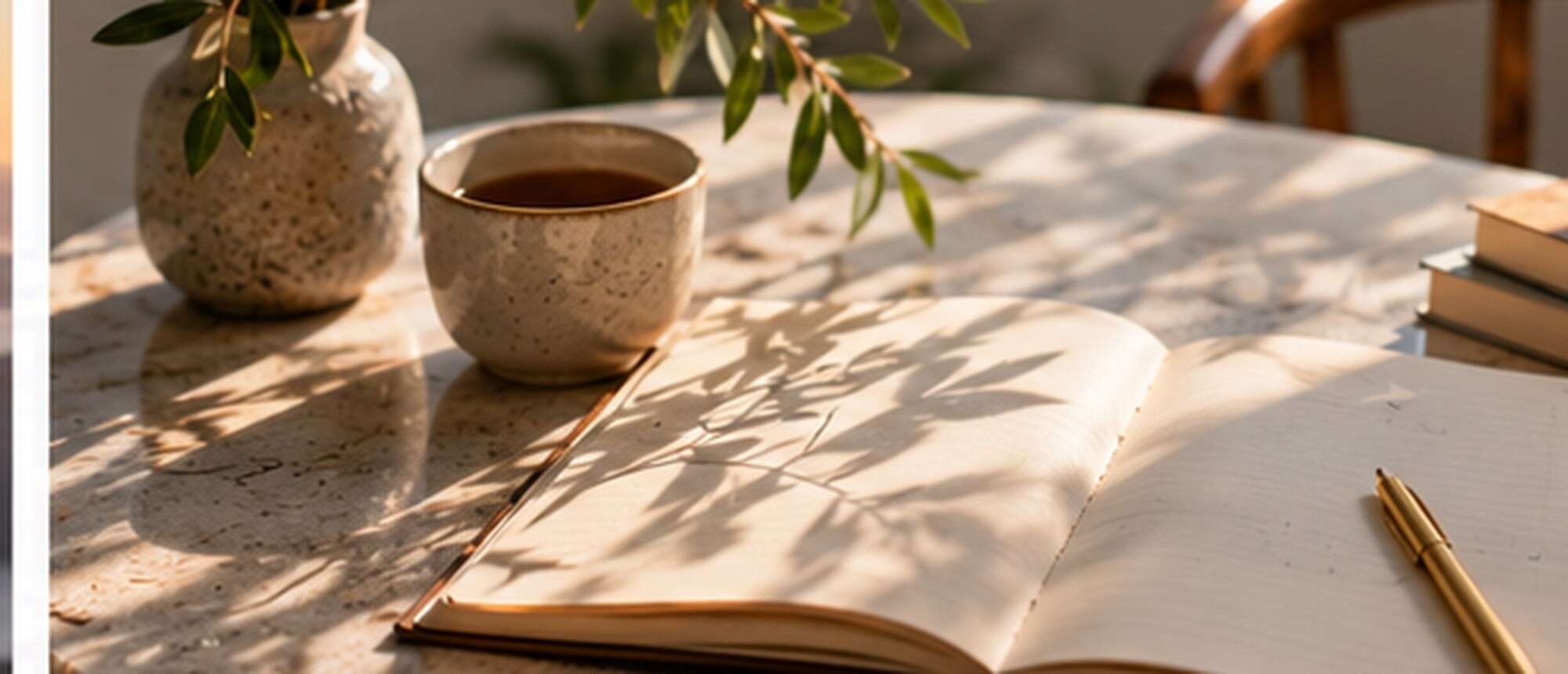 An open journal and a stoneware cup on a sunlit table, with olive leaves casting soft shadows across the page.