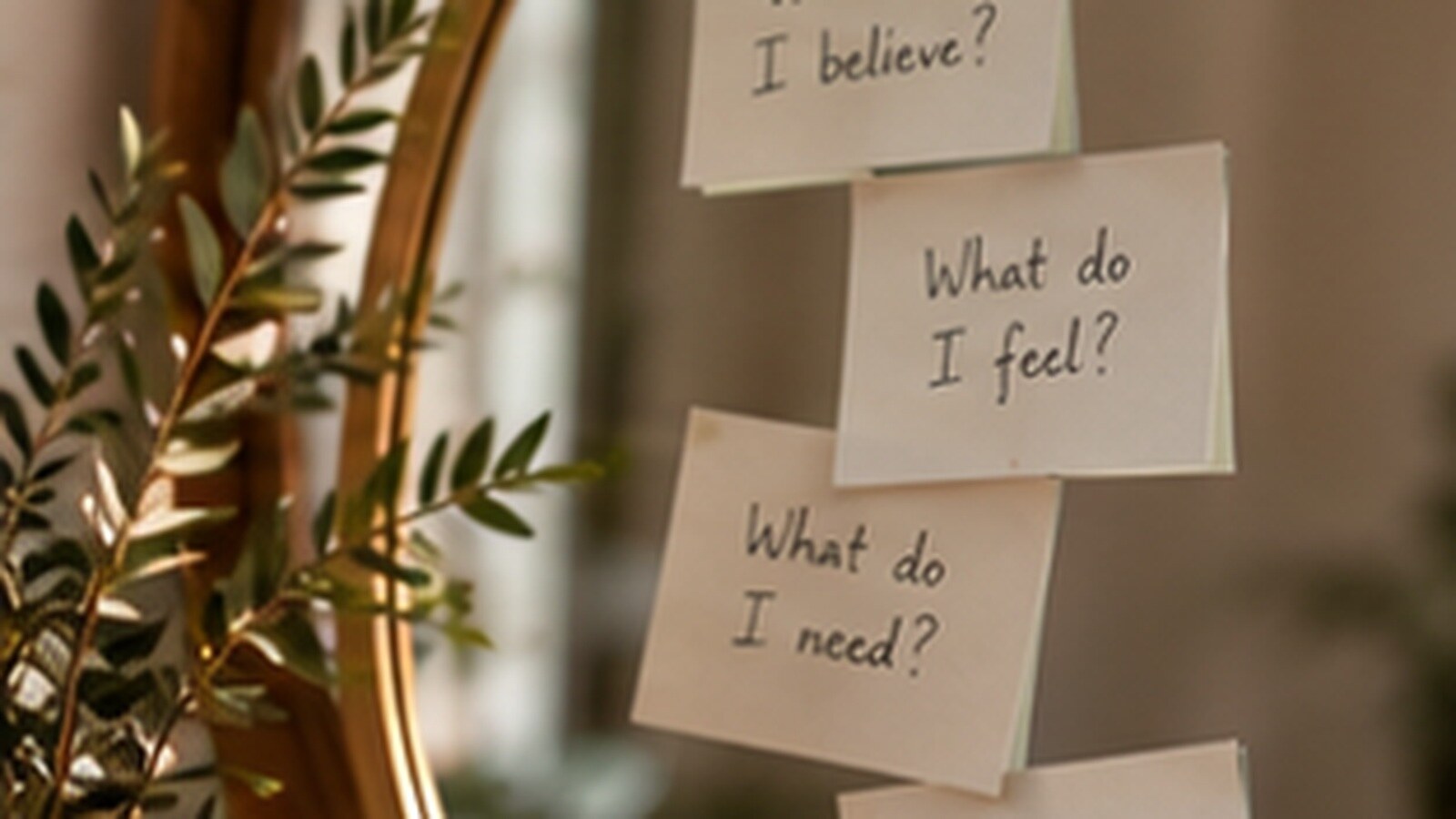 A gilt-framed mirror beside sticky notes reading "What do I believe?", "What do I feel?", and "What do I need?"