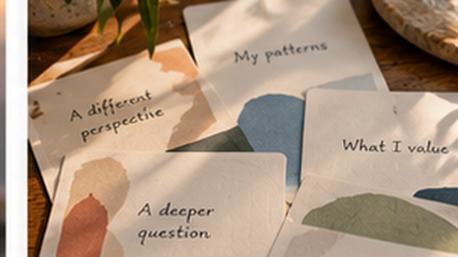 Four reflection cards laid on a sunlit wooden table, labelled "A different perspective," "My patterns," "A deeper question," and "What I value."