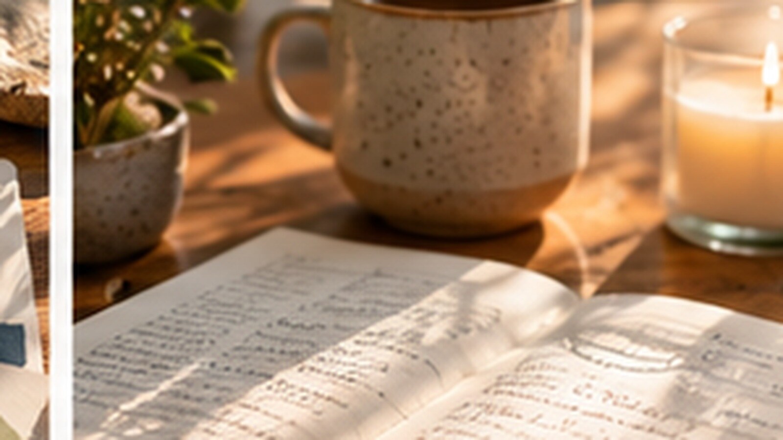 An open journal with handwritten pages beside a speckled stoneware mug, a small plant, and a lit candle in warm afternoon light.