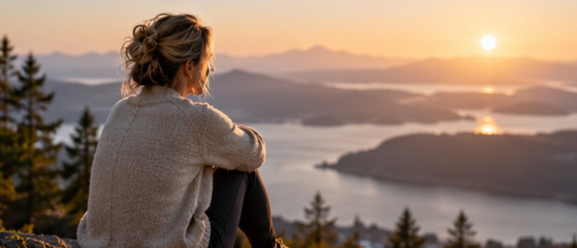 A woman sits on a mountain ridge at sunset, looking out across a long view of water and islands.