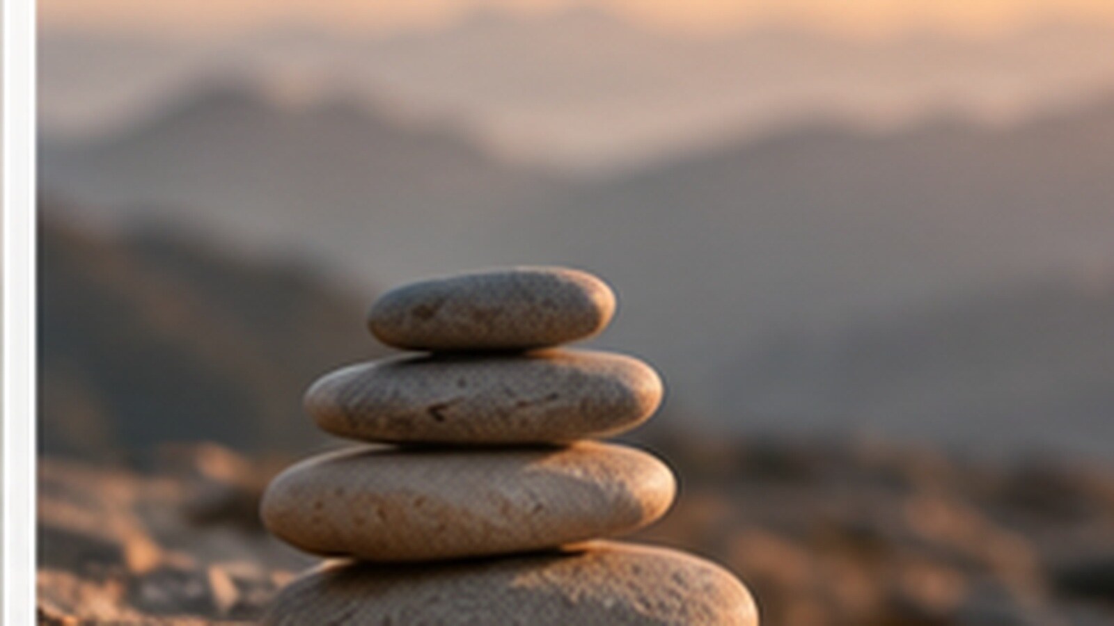 A cairn of three smooth stones balanced on a larger rock, with soft mountains and warm sky in the background.