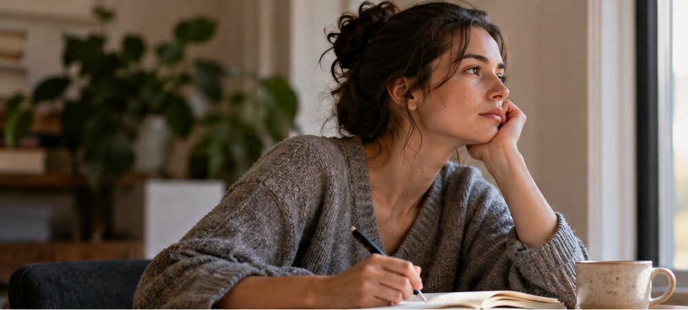 A woman pauses over an open journal at a window, pen in hand, looking out.