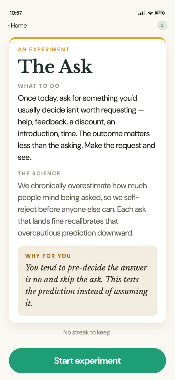 A challenge card titled "The Buffer": leave ten minutes before your next planning meeting and notice what changes. Beneath it, the line "No streak to keep."