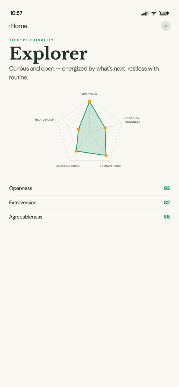 The personality screen showing the type "Explorer" — curious and open, energized by what's next — above a five-point chart of the Big Five traits and a list of scores.